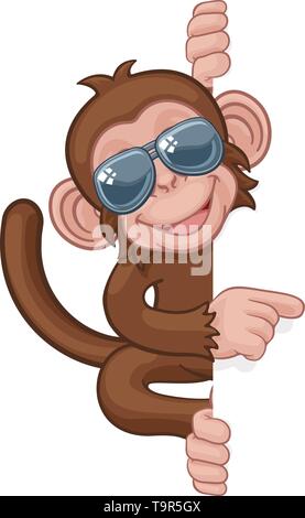 Monkey Sunglasses Cartoon Animal Pointing At Sign Stock Vector