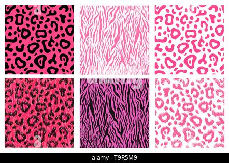 Set of bright pink realistic leopard and tiger skin, detailed seamless patterns isolated on white Stock Vector