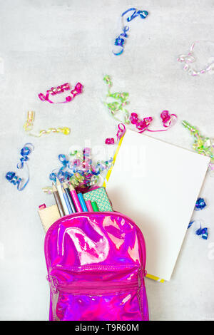 Back to school concept. Backpack with school supplies. Top view. Copy space Stock Photo