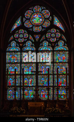 PARIS, FRANCE - APRIL 25: Stained glass window in Cathedral Notre Dame de Paris on april 25, 2011 in Paris. Stock Photo