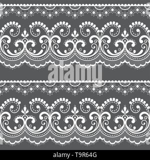 Victorian lace seamless design, old fashioned repetitive design with flowers and swirls in white on gray background Stock Vector