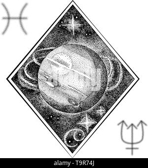 Neptune. Hand drawn illustration in dotwork style with astrological symbols of the planet and Pisces zodiac sign. Space concept, astrology, astronomy  Stock Vector