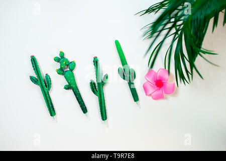 Green leaves of palm tree on pink background Stock Photo