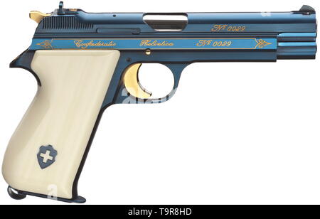 A SIG JP 210 commemorative pistol '700 Jahre Schweizerische Eidgenossenschaft', in its casket Cal. 9 mm Parabellum, no. 0029. Matching numbers. Bright bore. Produced in 1991. Finished in highly polished, royal blue metal coating. Gold-inlaid edged line engravings on both sides, central Swiss cross. On the left marked in gold '1291 - 1991', on the right 'Confoederatio Helvetica No 0029'. Operational parts matt gilded. Smooth Ivorylite grip panels with Swiss cross. In luxury walnut casket, dimensions 27 x 24 x 7 cm, lined with hazy blue chamois and, Additional-Rights-Clearance-Info-Not-Available Stock Photo