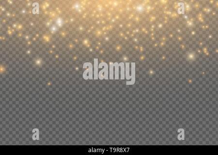 Abstract falling golden lights. Magical golden dust and glare isolated on transparent background. Festive Christmas lights. Golden rain. Vector illust Stock Vector