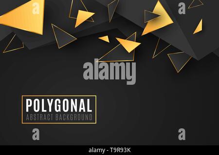 Abstract geometric shapes. Stylish cover for your design. Low poly style. Chaotic forms. Abstract black and gold triangles. Polygonal shapes backgroun Stock Vector