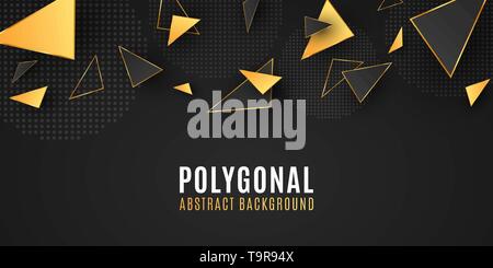 Abstract geometric shapes. Stylish background for your design. Modern low poly style. Chaotic forms. Black and gold triangles. Polygonal shapes templa Stock Vector