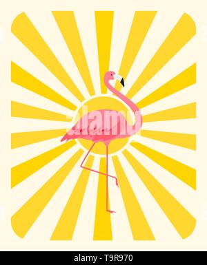 Natural Sunny  Background with Colorful cartoon pink flamingo on one leg stands Vector Illustration Stock Vector