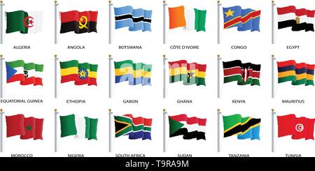 Waving flag icon, flags of Africa countries sorted alphabetically. Vector illustration. Stock Vector