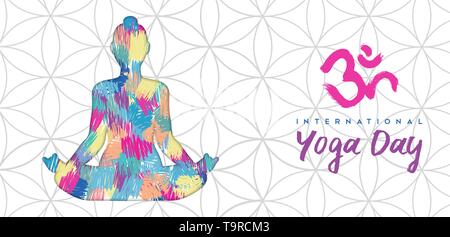 International Yoga Day banner illustration of woman doing lotus pose in colorful abstract art texture. Stock Vector