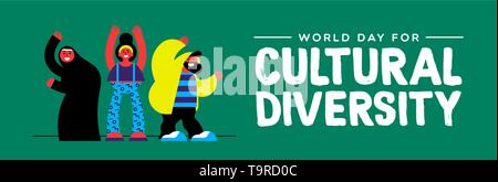 Cultural Diversity Day web banner illustration. Happy friend group of diverse ethnic people. Stock Vector