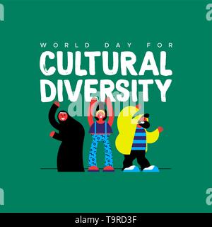 Cultural Diversity Day greeting card illustration. Happy friend group in colorful modern style with muslim woman for diverse community concept. Stock Vector