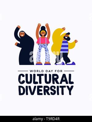 Cultural Diversity Day greeting card illustration. Happy friend group in colorful modern style with muslim woman for diverse community concept. Stock Vector