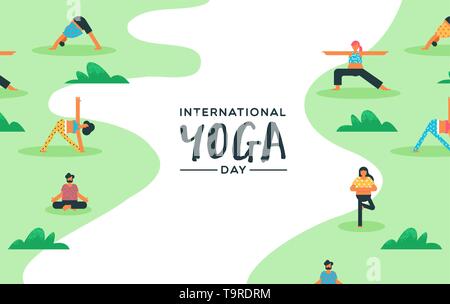 International Yoga Day card of diverse people doing exercise in outdoor park. Stock Vector