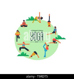 International Yoga Day card of diverse people doing exercise in outdoor park. Stock Vector