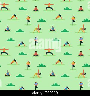 Seamless pattern of diverse people doing yoga exercise outdoor. Men and women characters in fitness background. Stock Vector