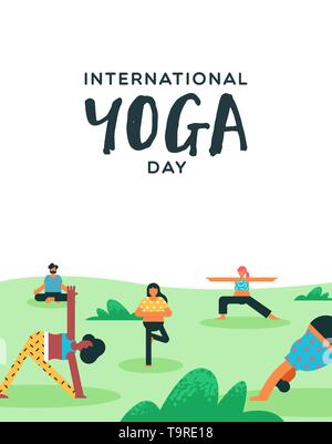 International Yoga Day illustration of diverse people doing exercise in outdoor park. Stock Vector