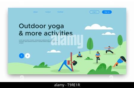 Outdoor yoga landing page template for web business or online class with diverse people group doing exercise. Stock Vector