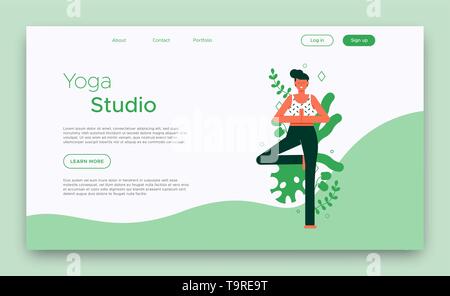 Yoga Studio landing page template for web business or online class with woman doing tree pose exercise. Stock Vector