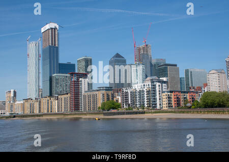 London Canary Wharf United Kingdom  -12 May 2019: Canary Wharf towers from the Thames Stock Photo