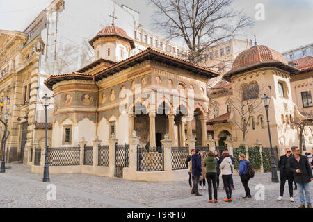 Bucharest, Romania - March 16, 2019: 'Saints Archangels Michael and Gabriel' Stavropoleos Monastery Church situated in Old Town part of Bucharest, Rom Stock Photo