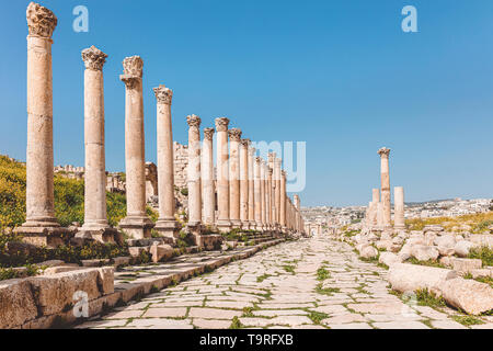 ancient street with columns in the citadel of Amman, Jordan. Stock Photo