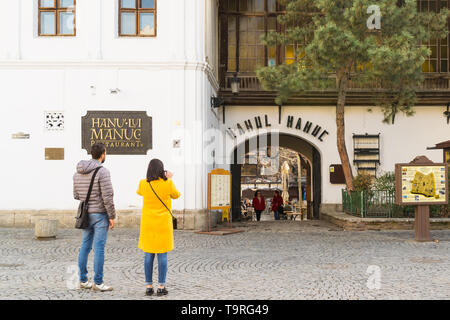 Bucharest, Romania - March 16, 2019: Hanul lu' Manuc restaurant - famous place in the Old Town part of Bucharest, Romania. Stock Photo