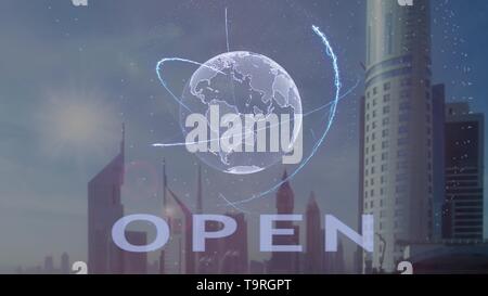 Open text with 3d hologram of the planet Earth against the backdrop of the modern metropolis Stock Photo