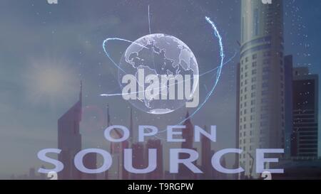 Open source text with 3d hologram of the planet Earth against the backdrop of the modern metropolis Stock Photo