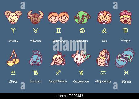 vector cute astrology horoscope zodiac icon set Stock Vector