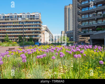 View of the Barbican Centre in London which is one of the most popular and famous examples of Brutalist architecture in the world on a sunny day. Stock Photo