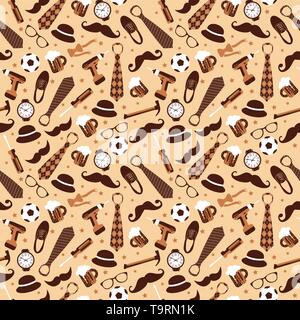 Seamless pattern of Fathers day. Flat set icons on beige background. Stock Vector