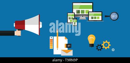 Digital Marketing Agency - Digital Media Graphic Design - Flat Vector Illustration With Icons Stock Vector