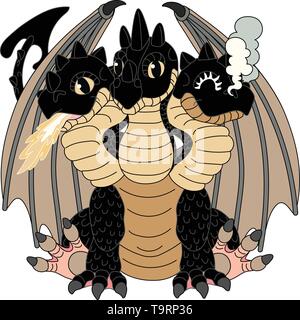 vector scandi cartoon animal clip art 3 headed red dragon Stock Vector