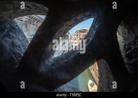 Venice, Italy - April 18 2019 view of Venice from Bridge of Sighs during the day.  This was the last view of Venice of prisoniers before going to jail Stock Photo