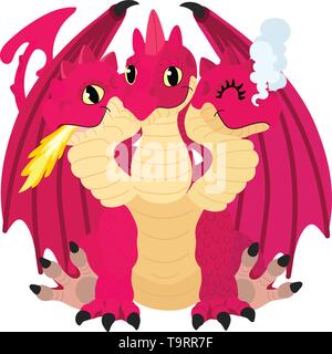 vector flat cartoon animal clip art 3 headed red dragon Stock Vector