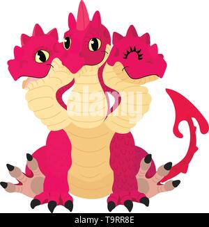 vector flat cartoon animal clip art 3 headed red dragon Stock Vector