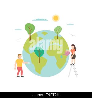 Vector flat illustration of ecology, save the planet, Earth concept on white background Stock Vector