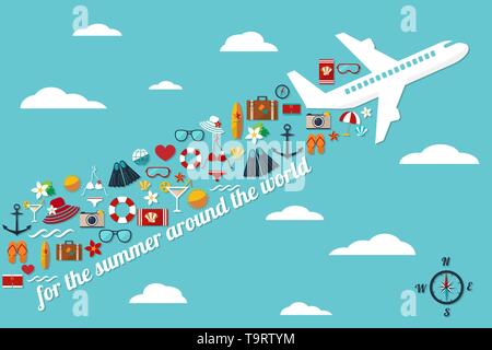 abstract illustration with airplane in the blue sky with fall summer things and slogan "for the summer around the world" vector card template Stock Vector