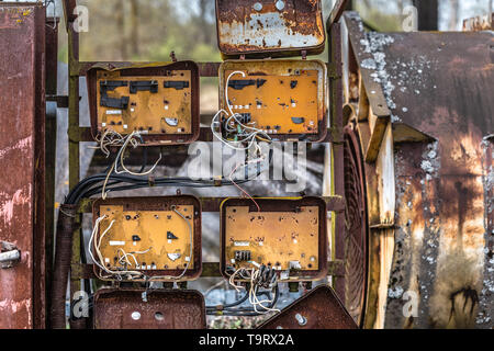 Old rusty fuse box in an abandoned old building in Belarus, Chernobyl exclusion zone Stock Photo