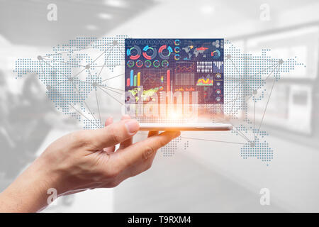 hand show business information from smartphone screen for intelligent decision tool Stock Photo