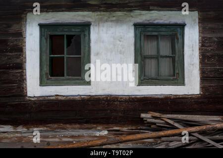 Windows Of A Traditional Log Cabin Orava Region Slovakia Stock