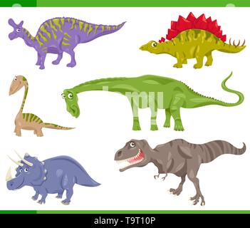 Cartoon Illustration of Dinosaurs Prehistoric Reptile Species Set Stock Vector