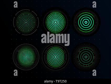 Digital Security system icons set. Fingerprint, green holographic concentric circles. Identity graphic elements. Finger scanner. Concept design for Stock Vector