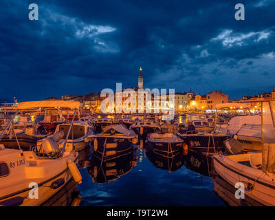 Look at the harbour of Rovinj at night, Istrien, Croatia, Europe, Blick auf den Hafen von Rovinj bei Nacht, Kroatien, Europa Stock Photo