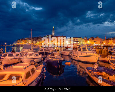 Look at the harbour of Rovinj at night, Istrien, Croatia, Europe, Blick auf den Hafen von Rovinj bei Nacht, Kroatien, Europa Stock Photo
