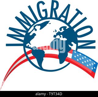 Immigration word concept around the world with USA flag Stock Vector