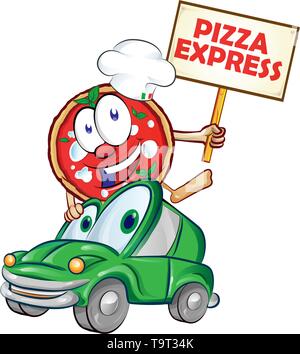 Pizza express delivery car cartoon with signboard Stock Vector