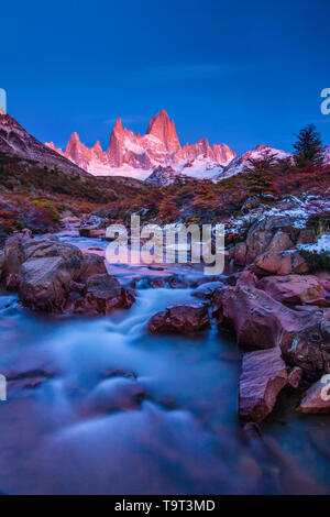 The Fitz Roy Massif in pastel pre-dawn morning twilight.   Los Glaciares National Park near El Chalten, Argentina.  A UNESCO World Heritage Site in th Stock Photo