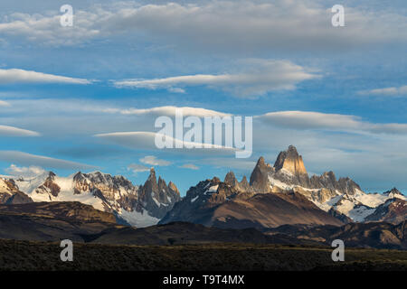 Mottled light and shadow on Mount Fitz Roy in Los Glaciares National Park near El Chalten, Argentina.  A UNESCO World Heritage Site in the Patagonia r
